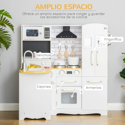 HOMCOM Cocina de Juguete de Madera para Niños de +3 Años con Sonidos 14 Accesorios Cocinita Infantil con Teléfono Fregadero Extraíble Microondas y Grifo 82x65x87 cm Blanco(m-5)