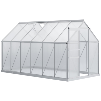 Outsunny Invernadero Policarbonato Aluminio de Jardín 190x375x199 cm 7,1m² Caseta de Exterior con Base Puerta Corredera y 2 Tragaluces para Cultivo Plantas Semillas Transparente