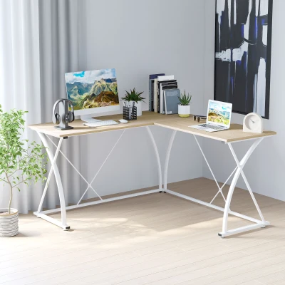 Vinsetto Escritorio en Forma de L Mesa para Oficina Mesa Esquinera con Marco de Metal para Estudio 142x142x76 cm Roble y Blanco