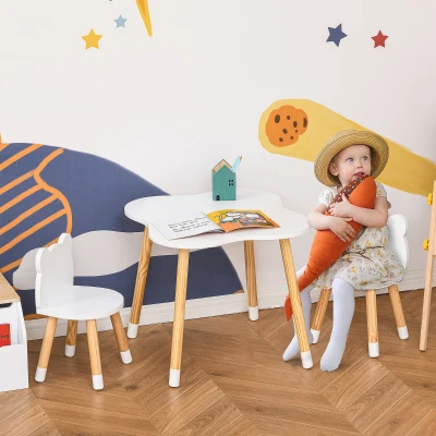 HOMCOM 3-teiliges Kindertisch-Set bogenförmige Kindersitzgruppe Tisch mit 2 Stühlen MDF Tischbeine aus Kiefernholz Weiß+Naturholz 56 x 56 x 50 cm