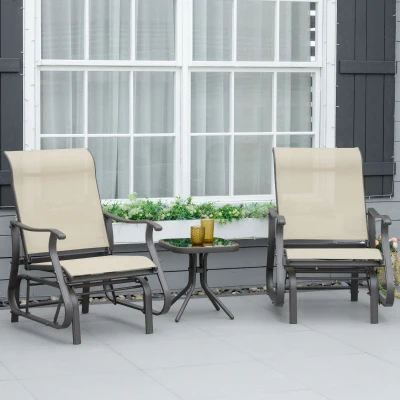 Outsunny Outdoor Rocking Chair Set with Glass Table Khaki
