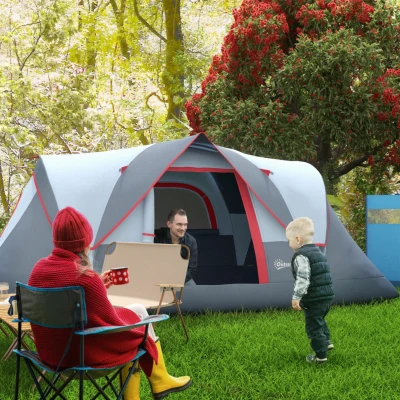 Outsunny Campingzelt für 5-6 Personen stabil wasserdicht Familienzelt mit Eingang Fenster Packtasche, Zelt mit 3000mm Wassersäule Tunnelzelt Kuppelzelt für Camping Reise Garten, Hellgrau