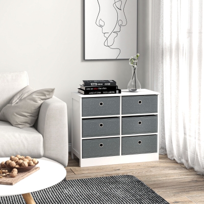 HOMCOM Fabric Dresser 6-Drawer Storage Cabinet White Grey