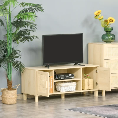 HOMCOM Fernsehtisch Lowboard  TV-Bank TV-Kommode mit 2 Rattantüren und Offene Regale MDF Natur 115 x 40 x 48 cm