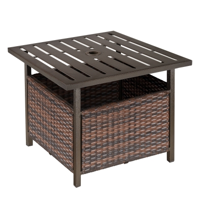 Outsunny Rattan Wicker Patio Coffee Table with Umbrella Hole Brown