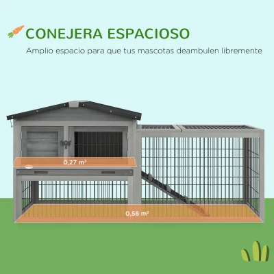 PawHut Conejera Exterior de Madera 150x52x68 cm Jaula para Conejos Grande con Techo Abatible Bandeja Extraíble y Rampa Gris(m-4)