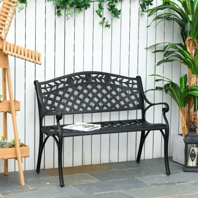 Outsunny 2-Sitzer Sitzbank Alu Gartenbank Metallbank Bank mit Armlehnen Landhausstil Schwarz 102,5 x 61 x 84 cm