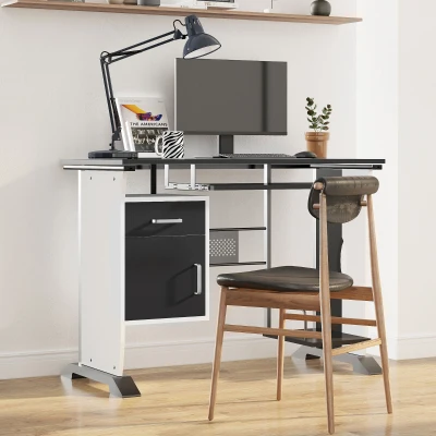 HOMCOM Computertisch mit 1 Schublade, 1 Schrank, 1 Tastaturablage, Schreibtisch. Bürotisch, MDF Weiß+Schwarz+Silber