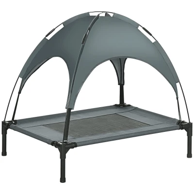 PawHut Erhöhtes Hundebett mit Baldachin, Haustierbett, Hundeliege outdoor mit Dach, Atmungsaktiv, Taftstoff für Camping Grau 76 x 61 x 73 cm