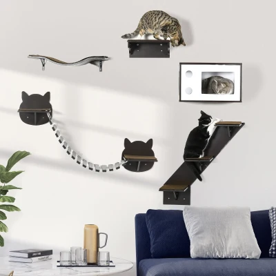 PawHut 5-Piece Wall-Mounted Cat Shelves Indoor Tree - Brown