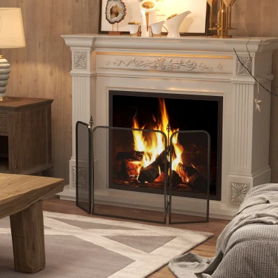 HOMCOM Salvachispas para Chimenea de 3 Paneles Pantalla para Chimenea Plegable de Metal 96x1,3x56 cm Negro