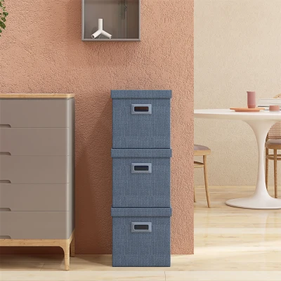 HOMCOM Aufbewahrungsbox Set, abnehmbarer Deckel, Griffe, faltbar, stapelbar, Leinenimitat, Blau