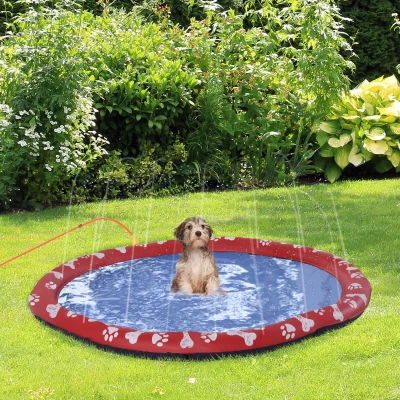 PawHut Hundepool, mit Wasserdüsen, faltbar, rutschfest, robust, kunststoff, Ø150 cm, Rot