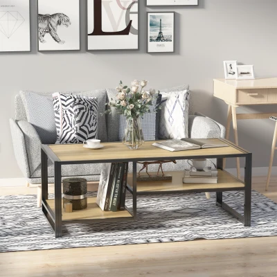 HOMCOM Mesa de Centro de Salón con 2 Estantes de Almacenamiento Mesa Baja con Marco de Acero para Dormitorio 120x60x46 cm Roble
