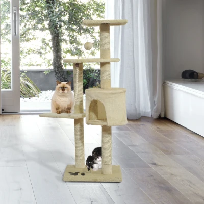 PawHut Katzenbaum, Kratzbaum mit Sisalsäulen, Katzenkratzbaum, Katzen Kletterbaum mit Höhle, Spielbälle, Beige, 75L x 40B x 112H cm