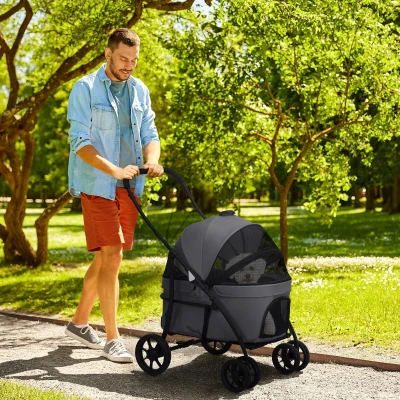 PawHut Carrito para Perros Plegable Cochecito para Mascotas con 2 Correas de Seguridad Cojín y Marco de Acero Gris Oscuro