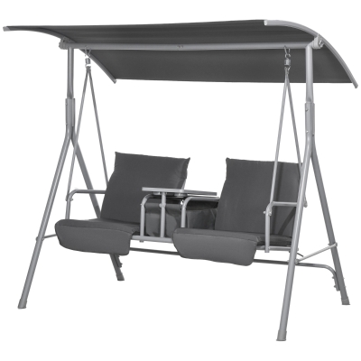 Outsunny Hollywoodschaukel, 2-Sitzer, mit Dach und Tisch, Metallrahmen, bis 180 kg, 175x110x165 cm, Schwarz