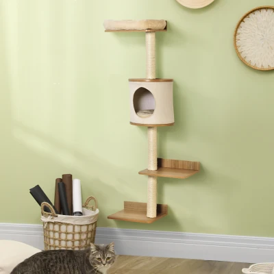 PawHut Wall-Mounted Cat Tree with House & Scratching Post Beige