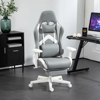 HOMCOM Silla Gamer Reclinable con Altura Ajustable Reposapiés Retráctil Soporte Lumbar y Reposacabezas Gris Claro y Blanco
