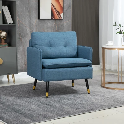 HOMCOM Butaca de Salón con Reposabrazos Asiento Acolchado y Patas de Acero Sofá Individual de Moderno 76x68x80 cm Azul Oscuro