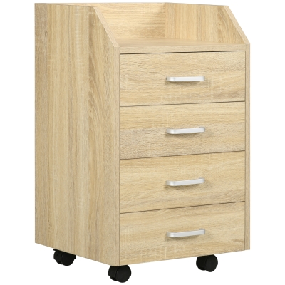 Vinsetto Cassettiera da Ufficio in Legno con 4 Cassetti, Ruote e Bordi Rialzati, 40x36x65cm, Legno Naturale