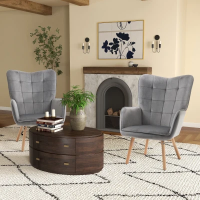 HOMCOM Velvet-Touch Wingback Armchair Set of 2 Grey