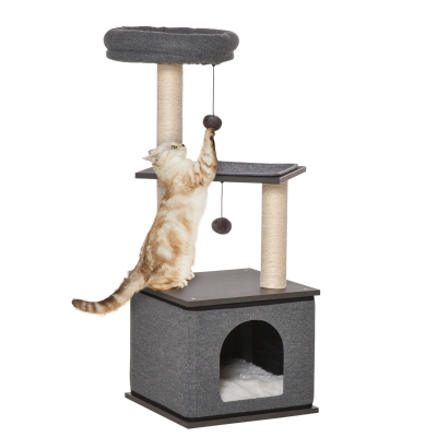PawHut Katzenkratzbaum Katzenspielzeug Kletterbaum Spielmöglichkeiten Spielsisal Spielseil PB-Platte Sisal Dunkelgrau 40 x 40 x 104 cm
