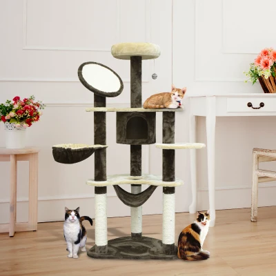 PawHut Arbre à chats centre d'activités griffoirs grattoir sisal niche hamac plateformes boule suspendue revêtement peluche courte 65L x 50l x 153H cm beige café