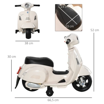 HOMCOM Motocicleta Infantil con Faro Bocina y 4 Ruedas Moto Eléctrica Vespa para Niños con Licencia 66,5x38x52 cm Blanco(m-3)