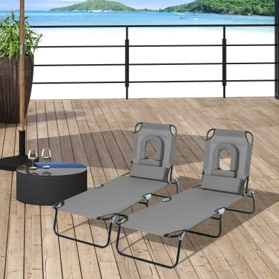 Outsunny 2x Bains Soleil Pliables Gris 4 Pos 3 Coussins