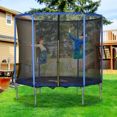 HOMCOM Trampolin mit Sicherheitsnetz Gartentrampolin für Innen- und Außenbereich Fitnesstrampolin für Kinder und Erwachsene Stahl Blau+Schwarz bis 113,6 kg Ø244 x 240H cm