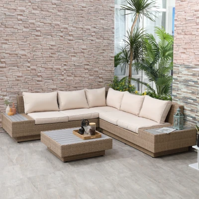Outsunny 4-tlg. Luxus Polyrattan Gartengarnitur Gartenmöbel Garten-Set Sitzgruppe Loungeset Loungemöbel inkl. Ablagen und Beistelltisch Sitzkissen Braun