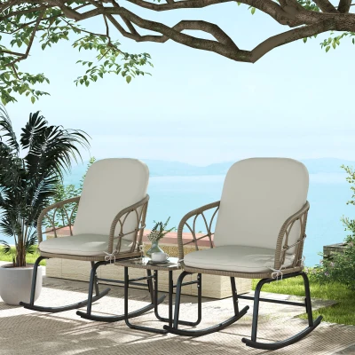 Outsunny Schaukelstuhlset Schaukelstühle Bistro-Set, Bohostil, PE-Rattan, wetterbeständig, Creme