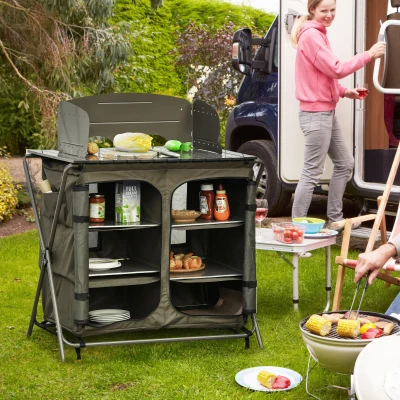Outsunny Armario Cocina de Camping Plegable con Paraviento 6 Estantes Bolsa de Almacenaje Puertas con Cremallera para Acampada Picnic 94x57x109 cm Verde