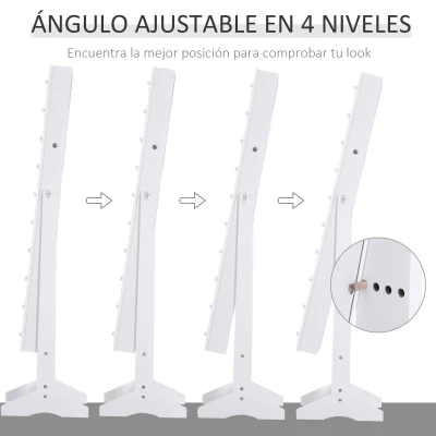 HOMCOM Espejo Joyero con 20 Luces LED Armario Joyero Reclinable con Guardajoyas Anillos Pendientes Collares 40x37x146 cm Blanco(m-6)