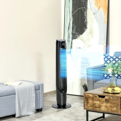 HOMCOM Climatizador Evaporativo 60W Silencioso con Mando 3 Velocidades Oscilación 70° Pantalla LED Táctil 31,5x31,5x107cm Negro