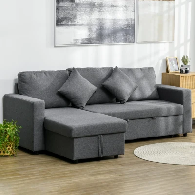 HOMCOM Corner Sofa Bed 3-Seater Storage L-Shape Dark Grey