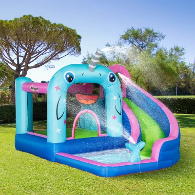 Outsunny Aufblasbare Hüpfburg mit Rutsche, Hüpfecke, Wasserbecken, Wasserdüsen, 330 x 280 x 200 cm