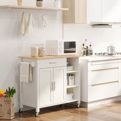 HOMCOM Isla de Cocina con Ruedas Mueble Auxiliar de Cocina con Cajón Estantes y Barra Lateral 107,5x48x89 cm Blanco