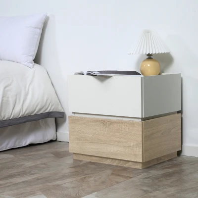 HOMCOM Nachttisch mit Schublade Nachtschrank stapelbar Schubladenschrank Schlafzimmer Nachtkommode Spanplatte Weiß+Natur 50 x 40 x 47,5 cm
