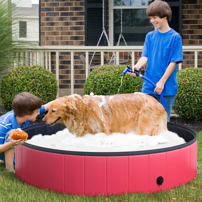PawHut Piscina Plegable para Perros Gatos Ø140x30 cm Bañera Portátil para Mascotas PVC Antideslizante Múltiples Usos Color Rojo