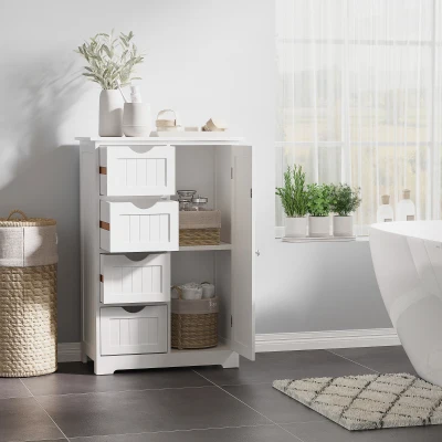 kleankin Armario Auxiliar de Baño Mueble para Baño con Puerta 4 Cajones y Estante Ajustable para Cocina Salón 56x30x83 cm Blanco