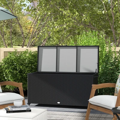 Outsunny Baule da Giardino in Rattan PE con Ruote e Maniglia Nero