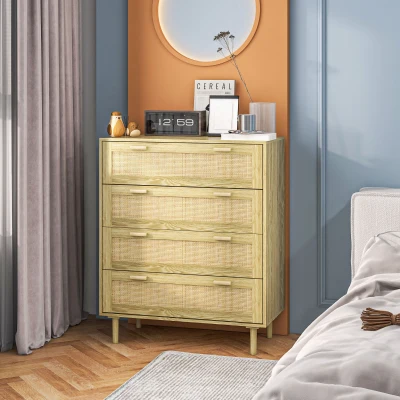 HOMCOM Cassettiera 4 Cassetti Stile Boho in Legno e Rattan Rovere