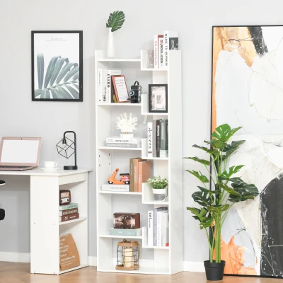HOMCOM Estantería de 6 Niveles Librería Vertical de Forma Irregular Diseño Moderno Sistema Antivuelco 60x21x162,5 cm Blanco