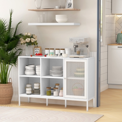 HOMCOM Aparador de Cocina Aparador Blanco con Puerta de Malla 4 Compartimentos Abiertos y Estante Ajustable 120x37x81,5 cm