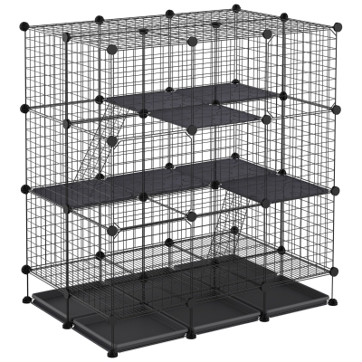 PawHut Jaula para Animales Pequeños Parque Modulable y Desmontable con 4 Puertas 6 Bandejas Extraíbles 111x75x119 cm Negro