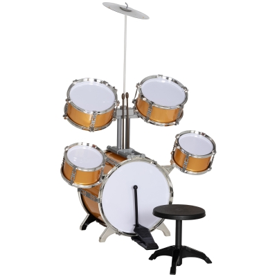 AIYAPLAY Batería para Niños de +3 Años con Taburete Tambores Bombo Platillo Pedal y Baquetas 65x36x76 cm Dorado