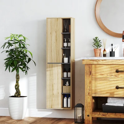 HOMCOM Columna de Baño de Pared Armario de Baño con Compartimentos Abiertos y 2 Puertas 40x24x141,5 cm Natural