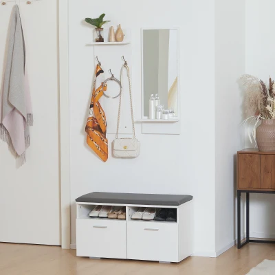 HOMCOM Conjunto de Recibidor con Espejo Perchero y Zapatero para 8 Pares Mueble de Entrada con 2 Puertas y 3 Ganchos Blanco